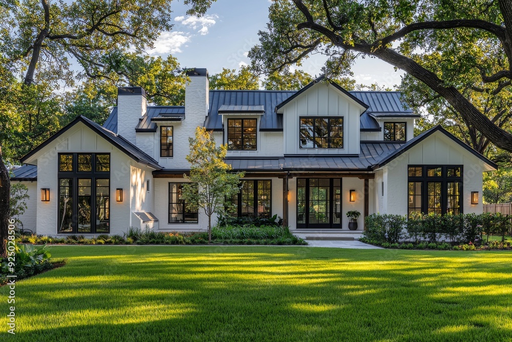 Obraz premium A modern farmhouse-style home in Texas, with a white exterior, black roof, and windows