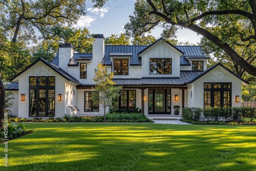 A modern farmhouse-style home in Texas, with a white exterior, black roof, and windows