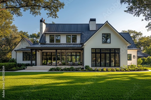 A modern farmhouse-style home in Texas, with a white exterior, black roof, and windows
