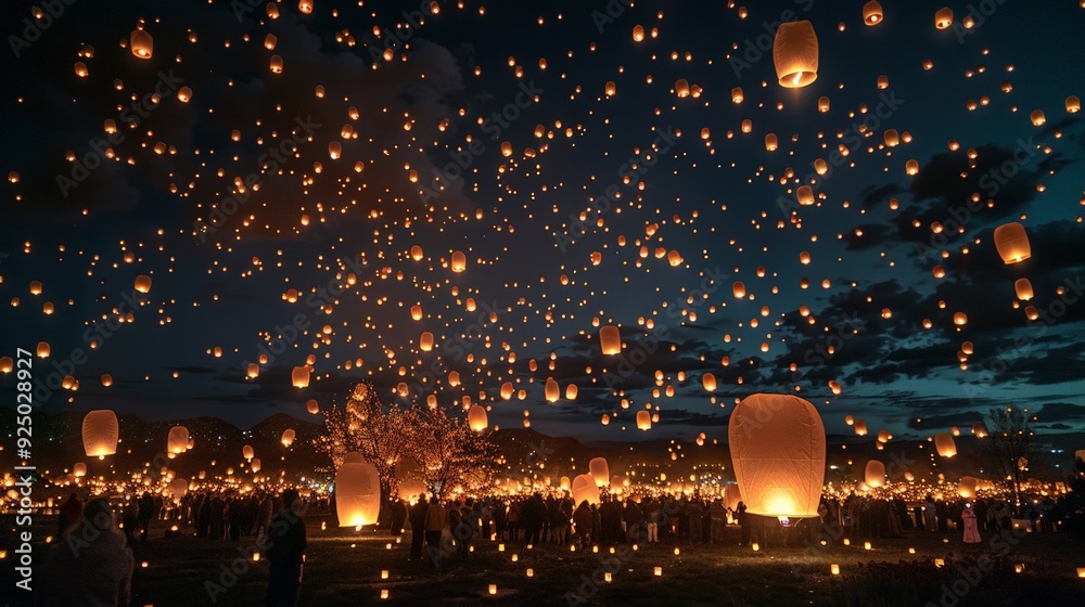 Naklejka premium Floating Lanterns at Night: A night sky filled with floating lanterns, their warm glow creating a magical and celebratory atmosphere perfect for festivals and special events.