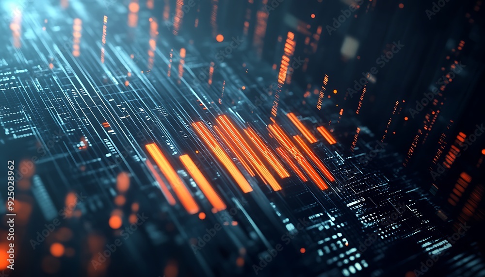 Obraz premium 3D Digital Equalizer Visualization with Floating Light Particles and Futuristic Circuitry