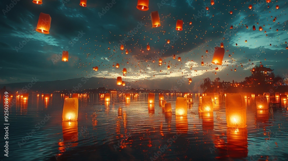 Floating Lanterns at Night: A night sky filled with floating lanterns, their warm glow creating a magical and celebratory atmosphere perfect for festivals and special events. Floating Lanterns at Night: A night sky filled with floating lanterns, their warm glow creating a magical and celebratory atmosphere perfect for festivals and special events.
