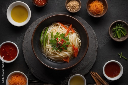 a bowl of suki that is ready to be boiled with sauce and served for you top view with dark background photo