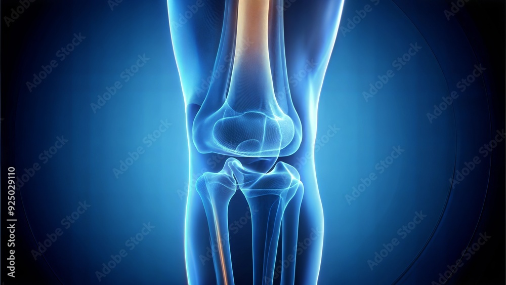 An x-ray of a human knee joint, showing the bones, cartilage, and ligaments in clear detail, with a smooth gradient background from dark to light blue, highlighting the complexity of the j An x-ray of a human knee joint, showing the bones, cartilage, and ligaments in clear detail, with a smooth gradient background from dark to light blue, highlighting the complexity of the j