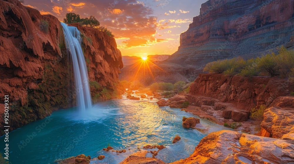 Fototapeta premium Majestic Waterfall at Sunset: A powerful waterfall plunging into a serene pool, with the surrounding cliffs bathed in the warm light of the setting sun, creating a breathtaking natural scene.