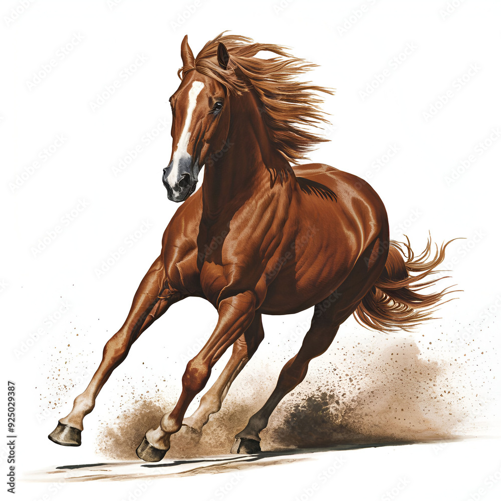 Fototapeta premium A majestic horse standing tall, with a flowing mane and muscular build. Its coat shines in the sunlight, showcasing a deep chestnut color with white markings. 