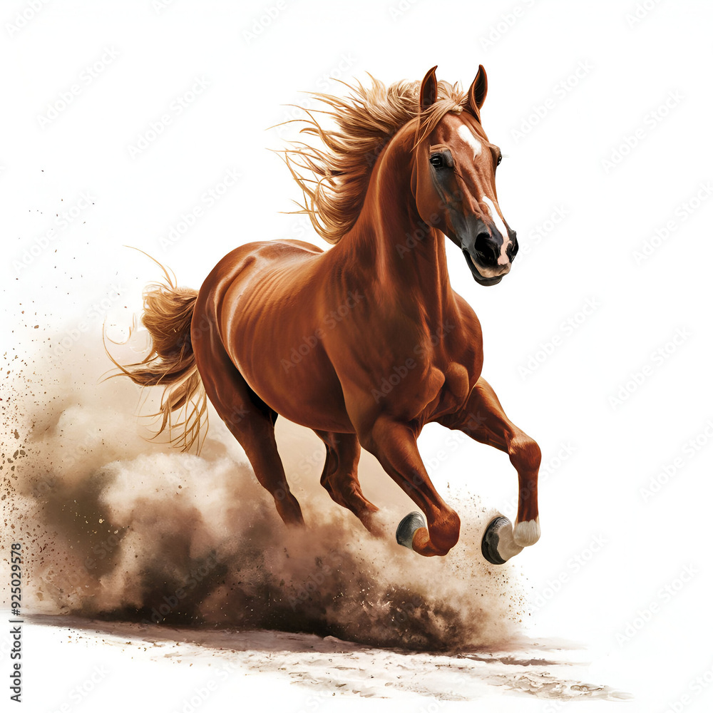 Obraz premium A majestic horse standing tall, with a flowing mane and muscular build. Its coat shines in the sunlight, showcasing a deep chestnut color with white markings.