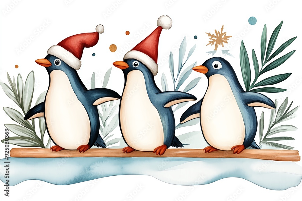 Naklejka premium Three cheerful penguins in Santa hats celebrate winter on a snowy log, surrounded by plants and festive decorations.