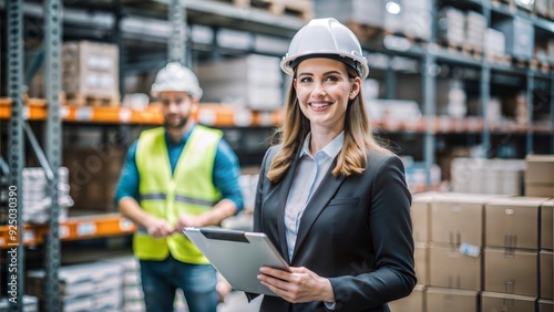 A logistics supervisor managing operations in a distribution center, with racks and packages in the background.