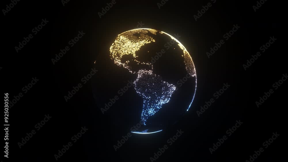 Animation of spinning half blue and half golden globe of the Earth planet from glowing particulars on dark background, 4K loop animation