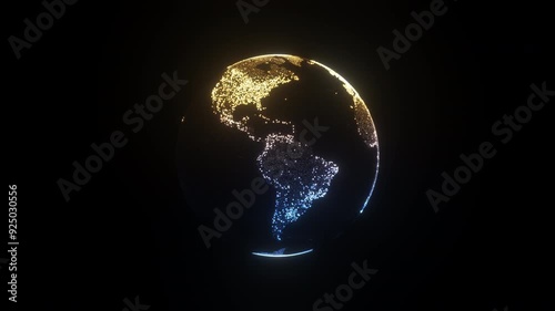 Animation of spinning half blue and half golden globe of the Earth planet from glowing particulars on dark background, 4K loop animation