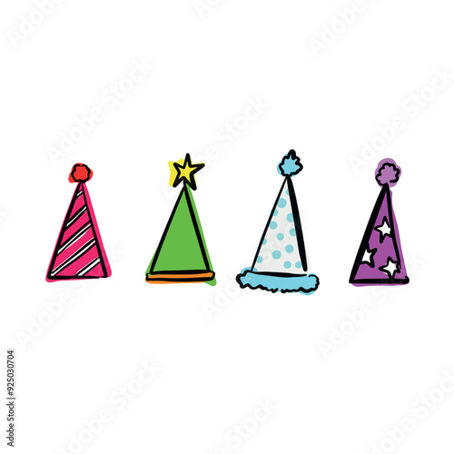 Four hand drawn party hats with stripes, stars, spots and featuring colours green, pink, baby blue and purple. Drawn by hand in a simple block colour style and supplied as individual vectors.