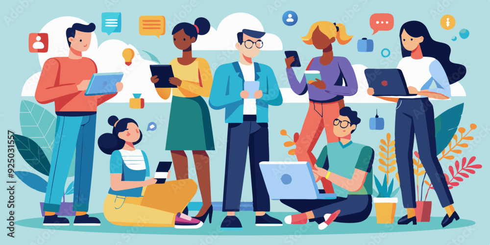 Naklejka premium Set of people using gadgets in lifestyle. Business men and women use phones, tablets and laptops 