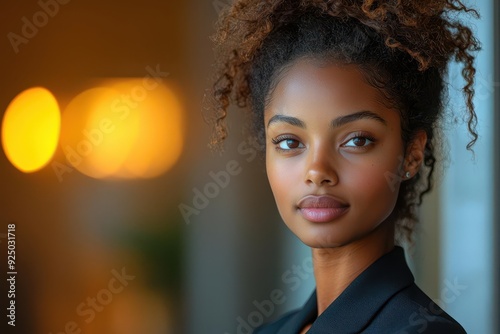 confident young black businesswoman in smart suit gazing thoughtfully offcamera warm lighting highlights her professional yet approachable demeanor photo