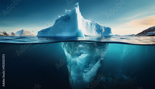 Iceberg with above and underwater view taken in greenland. iceberg - hidden danger and global warming concept. iceberg illusion creative idea, generat ai photo