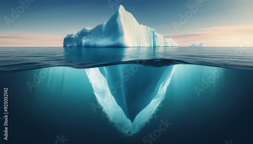 Iceberg with above and underwater view taken in greenland. iceberg - hidden danger and global warming concept. iceberg illusion creative idea, generat ai photo