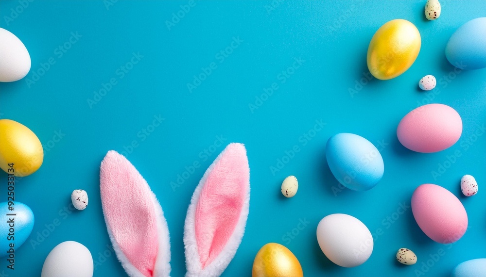 Easter party concept. Top view photo of easter bunny ears white pink blue and yellow eggs on isolated pastel blue background with copyspace in the middle Easter party concept. Top view photo of easter bunny ears white pink blue and yellow eggs on isolated pastel blue background with copyspace in the middle