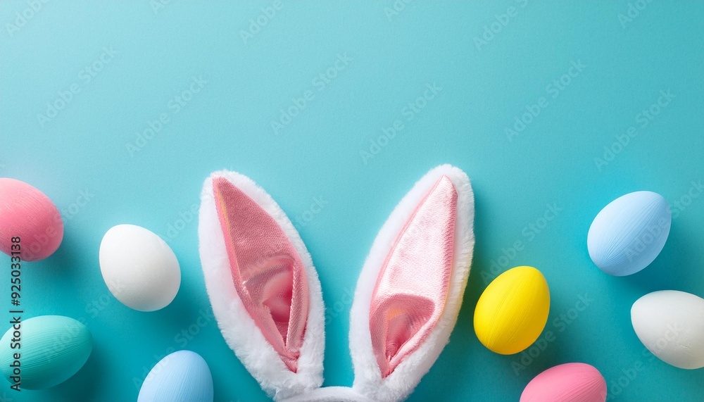 Easter party concept. Top view photo of easter bunny ears white pink blue and yellow eggs on isolated pastel blue background with copyspace in the middle Easter party concept. Top view photo of easter bunny ears white pink blue and yellow eggs on isolated pastel blue background with copyspace in the middle
