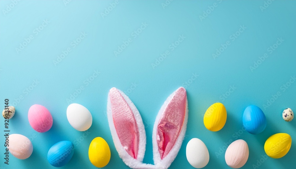 Easter party concept. Top view photo of easter bunny ears white pink blue and yellow eggs on isolated pastel blue background with copyspace in the middle Easter party concept. Top view photo of easter bunny ears white pink blue and yellow eggs on isolated pastel blue background with copyspace in the middle