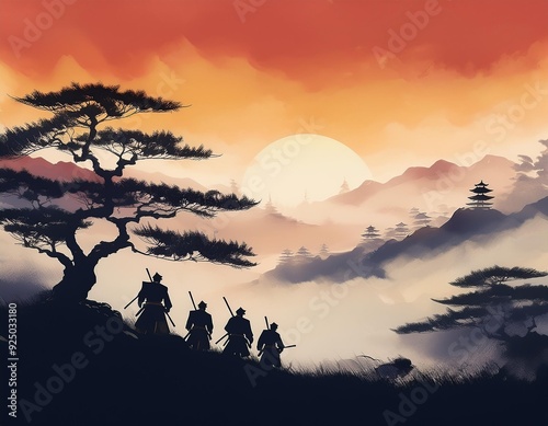 Stunning dawn scene in fog with silhouetted samurais on the historic Sekigahara battlefield, delivered in modern ink wash style and muted tones. photo