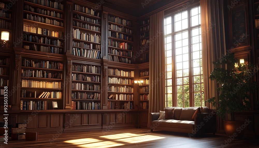 3D Sophisticated Library with Tall Bookshelves, Cozy Reading Nook, and Sunlit Window 3D Sophisticated Library with Tall Bookshelves, Cozy Reading Nook, and Sunlit Window