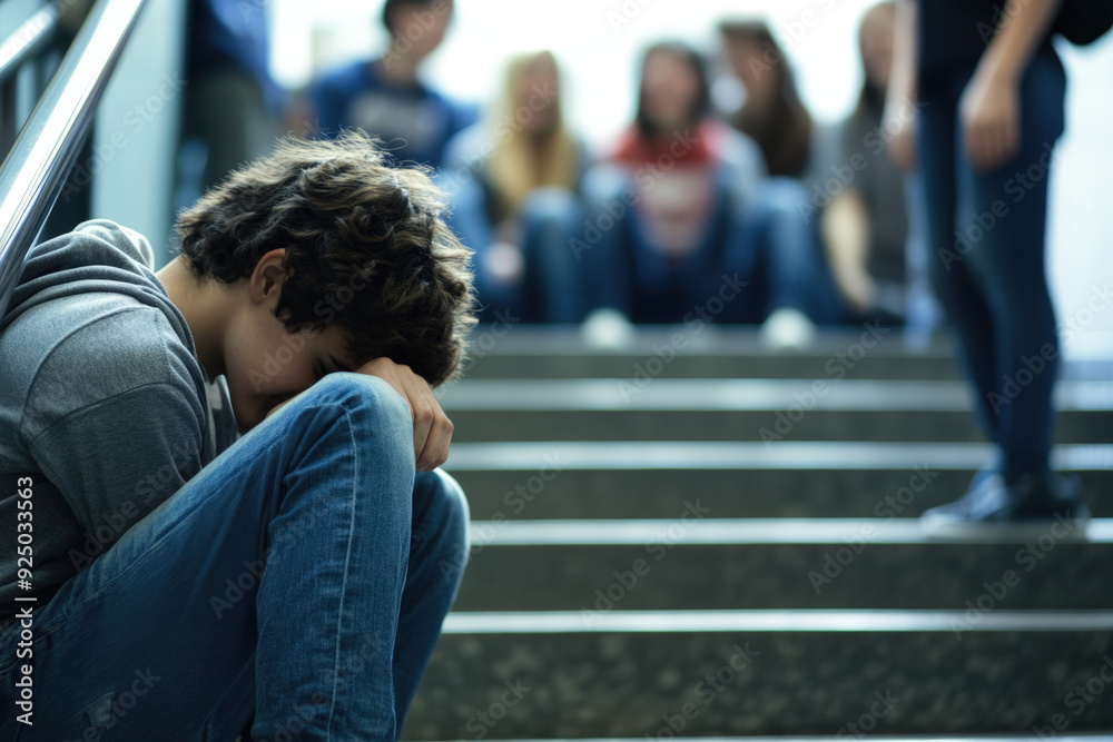 Sad schoolboy feeling alone and dejected sitting on stairs with blurred students in the background Sad schoolboy feeling alone and dejected sitting on stairs with blurred students in the background