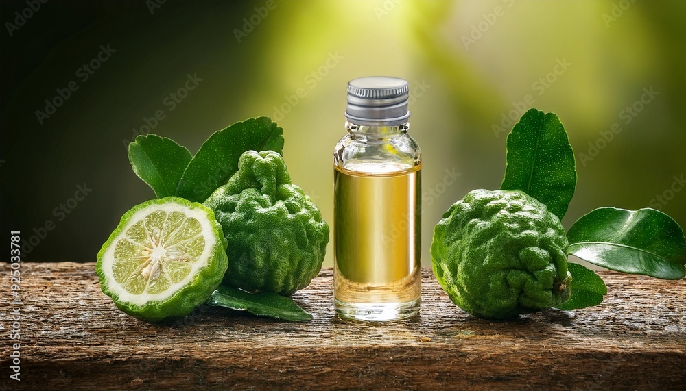 Bergamot Essential Oil Bottle on Rustic Wooden Surface with Fresh Fruits and Leaves Bergamot Essential Oil Bottle on Rustic Wooden Surface with Fresh Fruits and Leaves