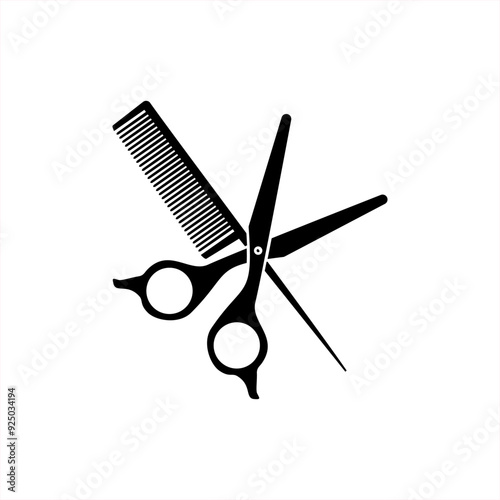 Scissors and hairbrush graphic icon. Crossed scissors and hair comb sign isolated on white background. Barbershop symbol. Modern vector illustration.