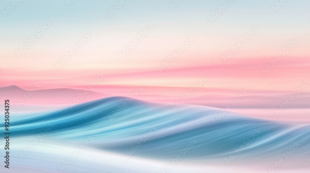 Obraz premium Abstract pastel landscape featuring blue waves flowing under a pink sky, evoking tranquility and serenity