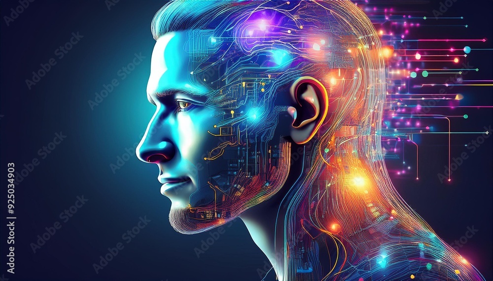 Generate an image of a person with a glowing head. The person should be looking to the right of the frame. The head should be filled with colorful, glowing circuitry.