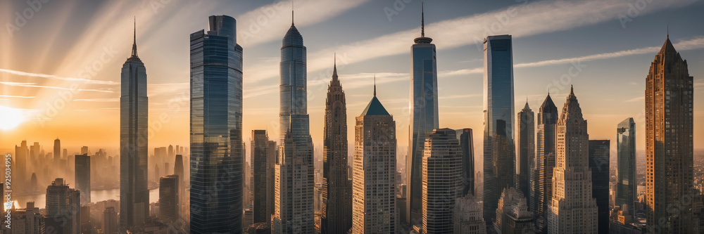 Fototapeta premium Skyscrapers are bathed in golden light as sun sets, creating breathtaking urban skyline