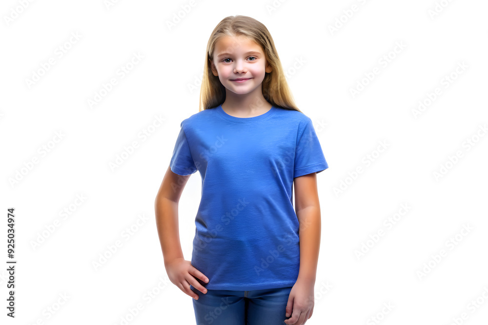 T-Shirt Mockup of Girl Wearing Heather Royal T-Shirt Isolated on White Background T-Shirt Mockup of Girl Wearing Heather Royal T-Shirt Isolated on White Background