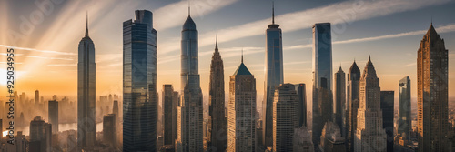 Skyscrapers are bathed in golden light as sun sets, creating breathtaking urban skyline