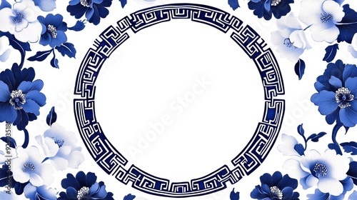 Minimalist marketing poster featuring a traditional Chinese blue and white porcelain pattern, ultra-high resolution with appropriate space for text