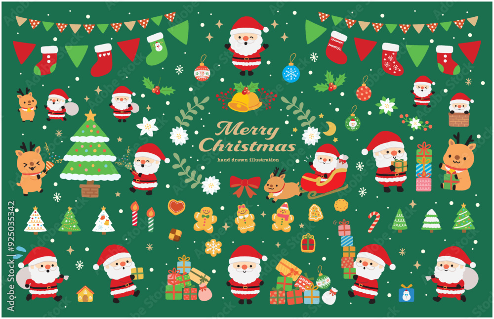 サンタとトナカイのクリスマスイラストセット(グリーン) サンタとトナカイのクリスマスイラストセット(グリーン)