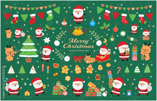 サンタとトナカイのクリスマスイラストセット（グリーン）