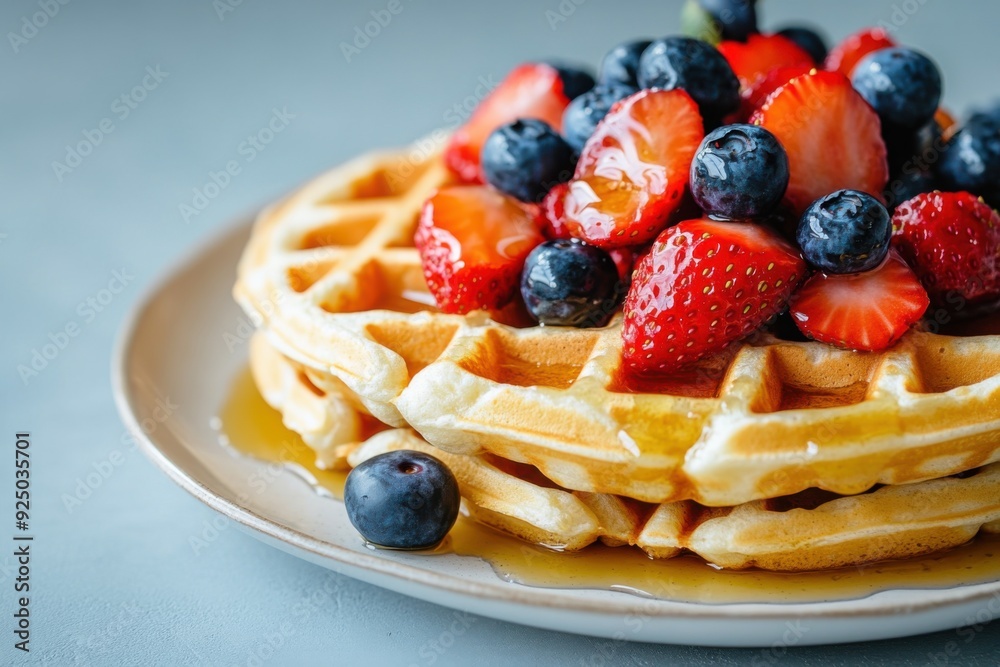 Delicious waffles topped with fresh strawberries and blueberries, served with syrup on a plate