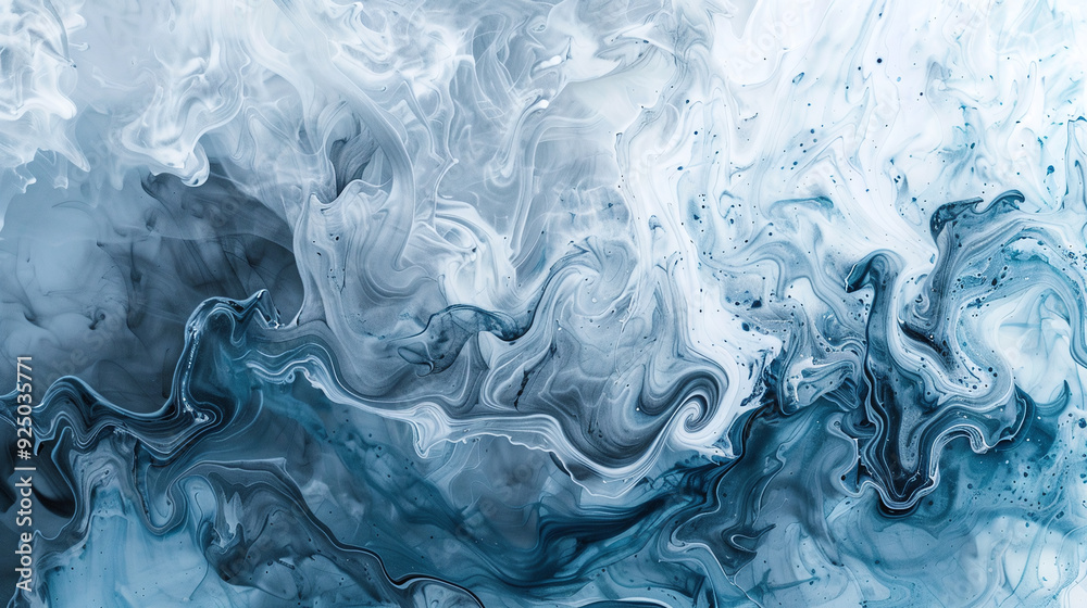 Ink Water Flow with Marble Texture, Blur Gray, White, and Blue Color Sparkling Dust, Acrylic Fluid Pigment Emulsion, Liquid Wave Motion Abstract Art Background Ink Water Flow with Marble Texture, Blur Gray, White, and Blue Color Sparkling Dust, Acrylic Fluid Pigment Emulsion, Liquid Wave Motion Abstract Art Background