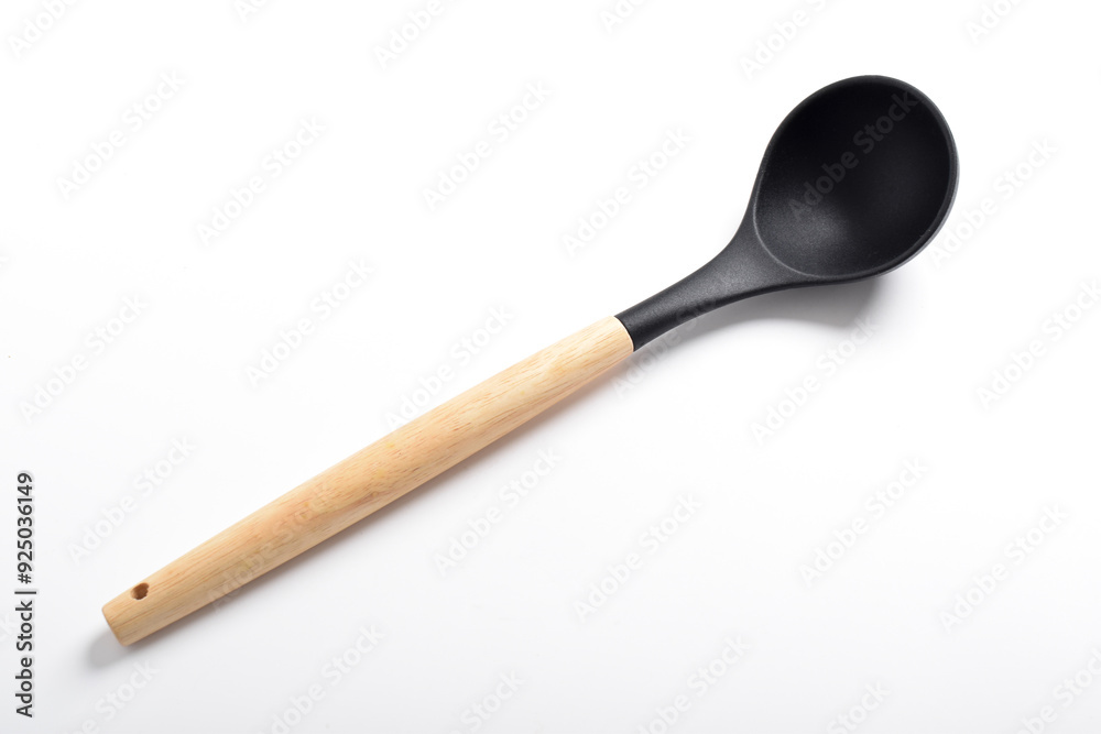 Black silicone kitchen soup ladle isolated on white background. Kitchen utensils Black silicone kitchen soup ladle isolated on white background. Kitchen utensils