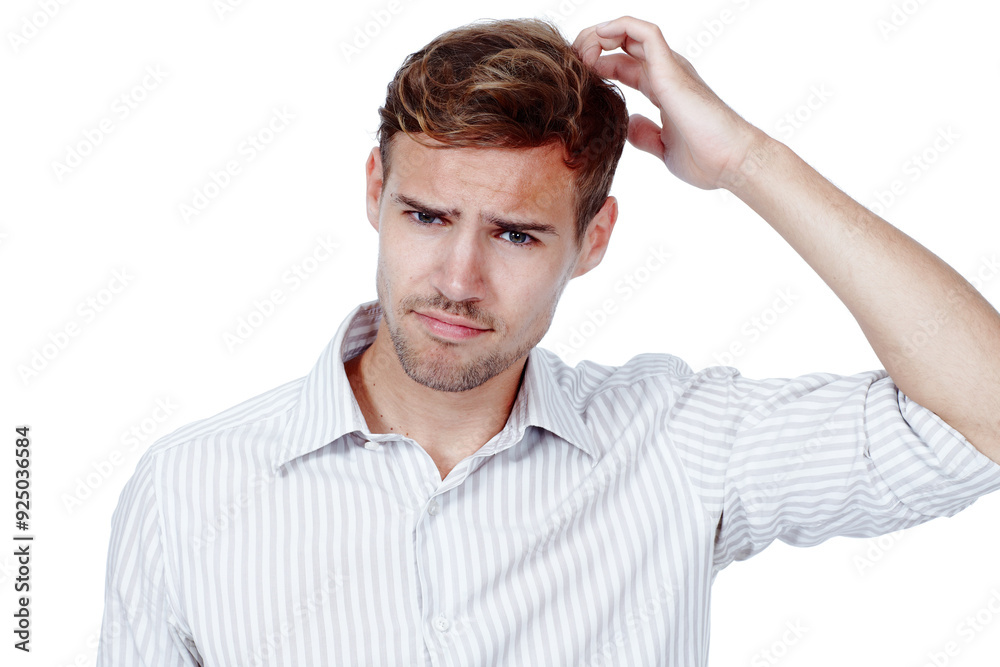 Puzzled, doubt or portrait of man confused by decision, choice or ideas in studio on white background. Lost, frustrated or scratching head with curious face for stress, problem solving and questions Puzzled, doubt or portrait of man confused by decision, choice or ideas in studio on white background. Lost, frustrated or scratching head with curious face for stress, problem solving and questions