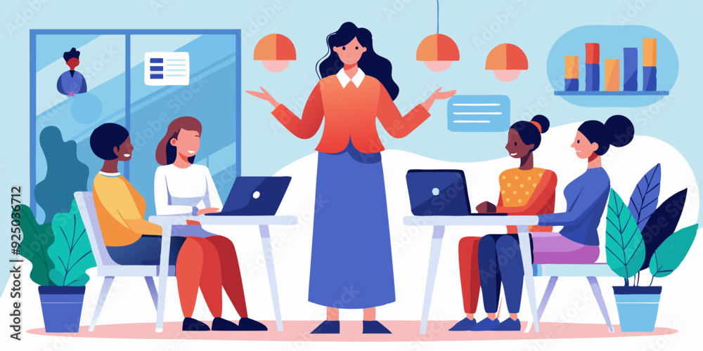 Woman speaker makes a report to company employees at a business meeting

