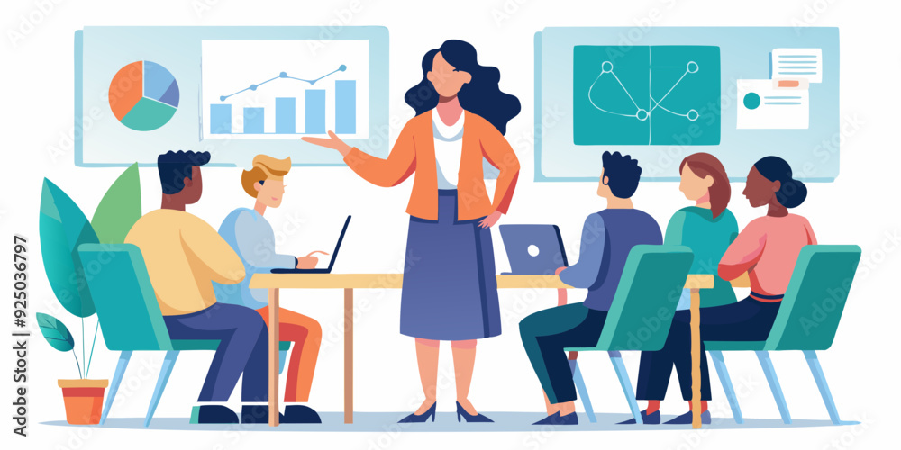 Woman speaker makes a report to company employees at a business meeting
Woman speaker makes a report to company employees at a business meeting