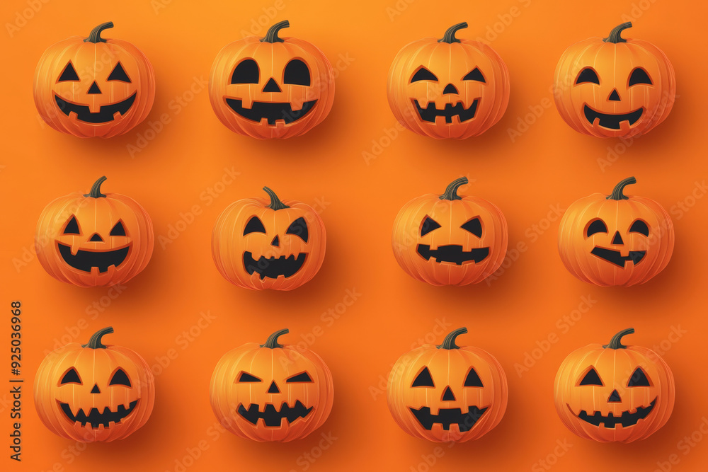 Twelve jack-o'-lanterns with various spooky expressions are lying on an orange background Twelve jack-o'-lanterns with various spooky expressions are lying on an orange background