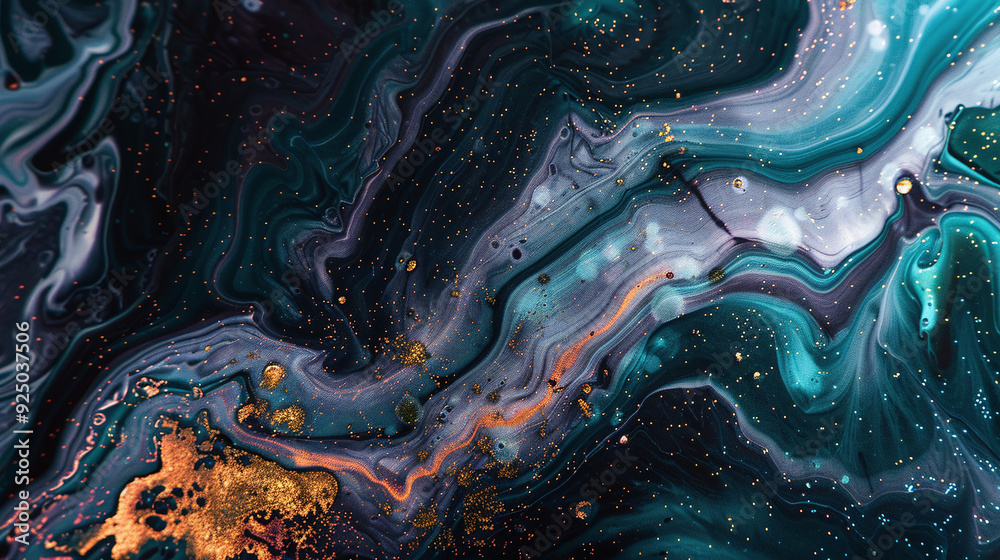 Wet Dye Background with Pigment Fluid and Colorful Swirls, Blue, Purple, Yellow, and Black Shimmering Particles in Captivating Abstract Waves Wet Dye Background with Pigment Fluid and Colorful Swirls, Blue, Purple, Yellow, and Black Shimmering Particles in Captivating Abstract Waves