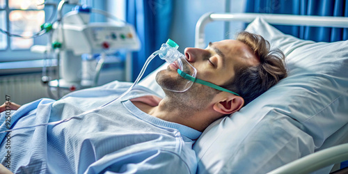 A person is lying in an intensive care medical ward. oxygen mask on the face. Brazilian oropouche lazy fever virus concept. photo