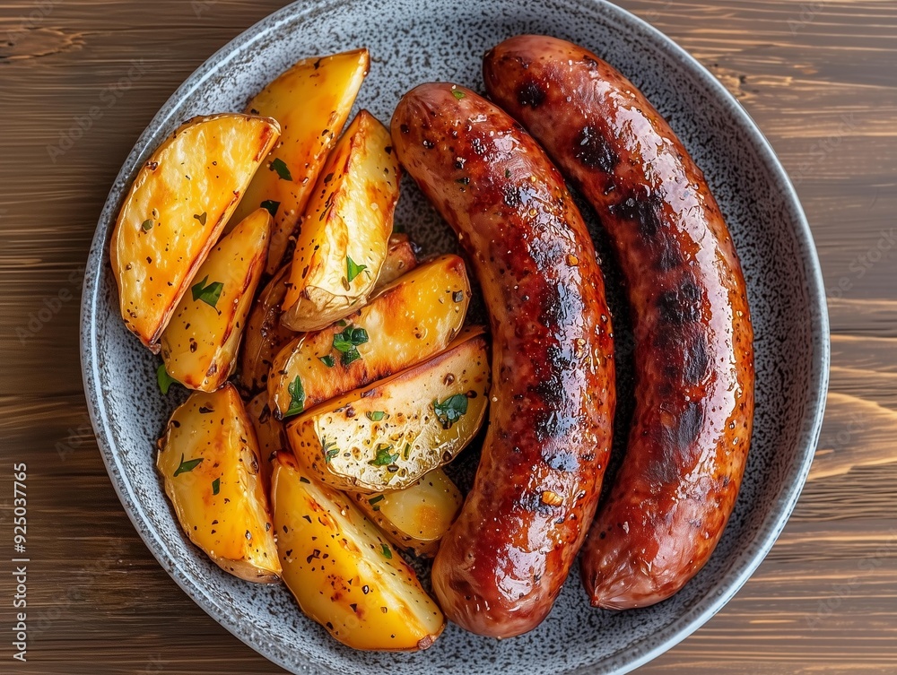 Photo of seasoned grilled sausages and wedge potatoes on a plate on a wooden table 5