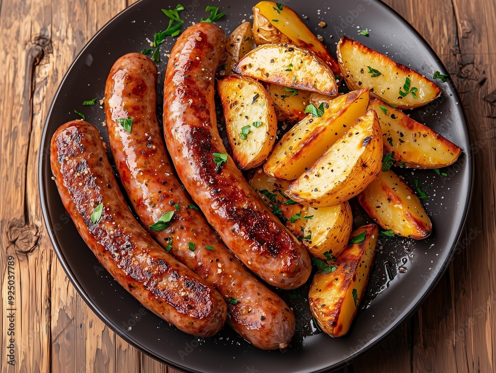 Photo of seasoned grilled sausages and wedge potatoes on a plate on a wooden table 6 Photo of seasoned grilled sausages and wedge potatoes on a plate on a wooden table 6