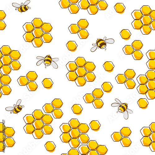 Seamless pattern with bee cartoons and honeycomb on yellow white stripe background vector illustration.