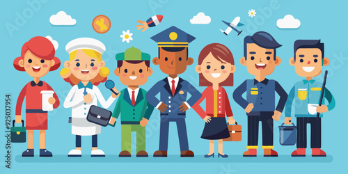 Set of characters of different professions. Men and women in uniform, professional activities

