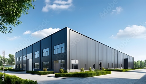 The modern industrial factory has a combination of black and orange exterior walls, surrounded by green space and set off by blue sky and white clouds.